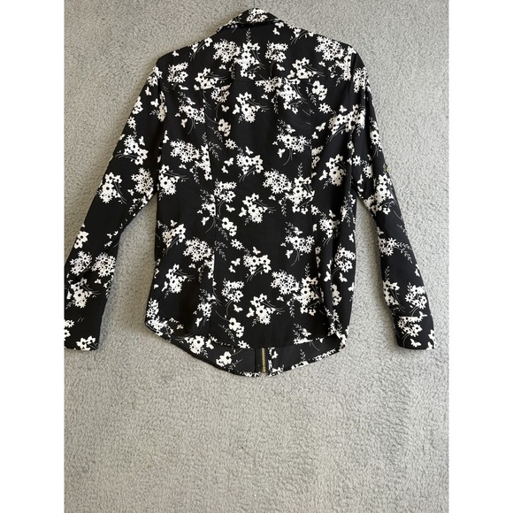 Michael Kors Jacket Womens Medium Black White Floral Full Zip Gold Accents Shirt - Picture 9 of 15